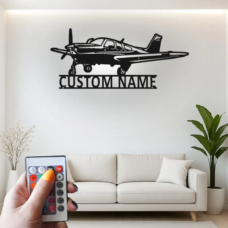 Décoration murale en métal personnalisée avec lumière LED d'avion - Cadeau d'aviation pour pilotes, décoration de hangar ou de bureau