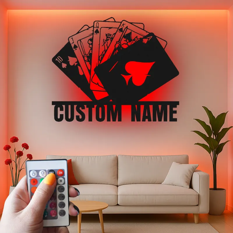 Royal Flush Metal Wall Art | Personalized LED Poker Room Sign | Custom Name Card Player Gift | Game Room Decor