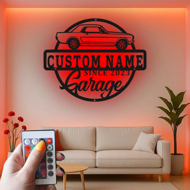 Décoration murale en métal personnalisée avec voiture classique et rétroéclairage LED - Cadeau pour passionnés de voitures, décoration de garage