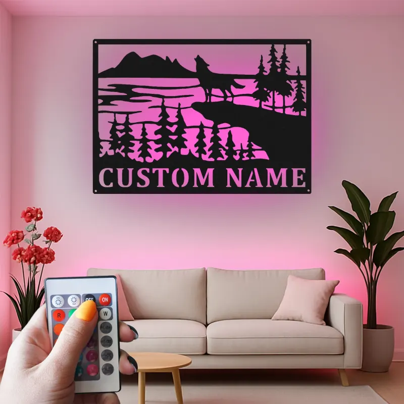 Custom Wolf Howling Landscape Led Light Metal Wall Art Personalized Nature Lover Gift Cabin Decor