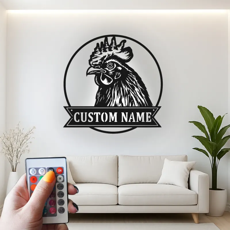 Cartel LED de cabeza de gallo | Arte mural de metal personalizado | Decoración de granja personalizada para agricultores y granjas