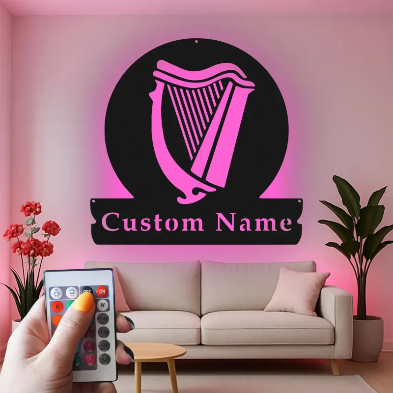 Enseigne LED personnalisée en forme de harpe | Décoration murale en métal sur mesure pour bar à domicile et pub | Plaque prénom pour musicien | Décor de bar inspiré de l’Irlande
