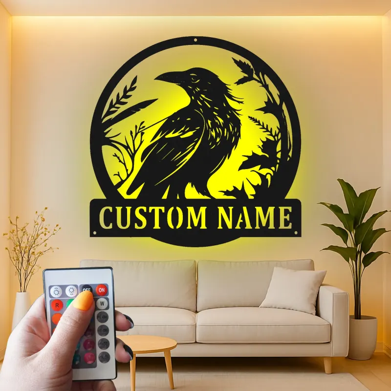 LED Raven Metal Wall Art | Personalized Bird Lover Gift | Custom Name Sign for Garden | Outdoor Nature Decor