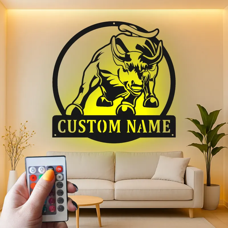Insegna in metallo personalizzata con luce LED a forma di toro, regalo per allevatori, decorazione rustica per il soggiorno