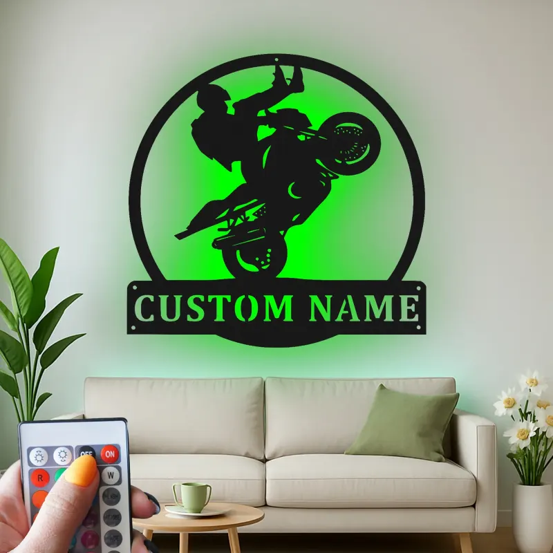 Arte mural de metal LED personalizado de motocicleta | Señal de nombre personalizada para stunt rider | Decoración de garaje de biker y regalo para él