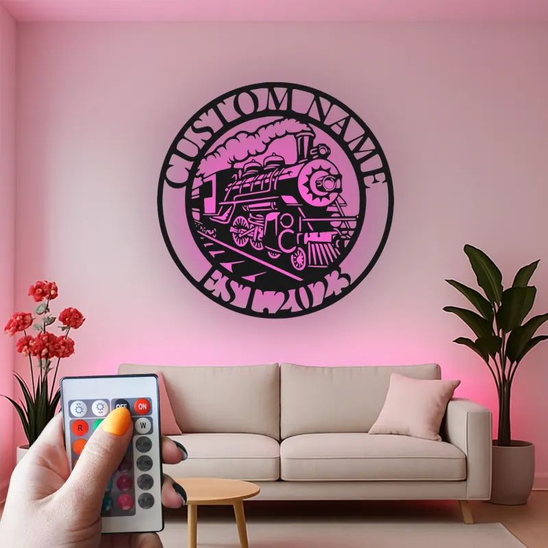 Insegna in metallo personalizzata con luce LED per locomotiva a vapore regalo per appassionati di treni decorazione man cave