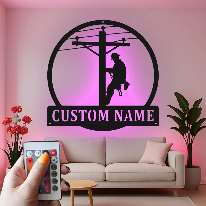 Arte da Parete in Metallo LED per Lineman | Insegna Personalizzata per Lavoratore di Pubblica Utilità | Regalo Personalizzato per Elettricista per Garage | Decorazione per Man Cave