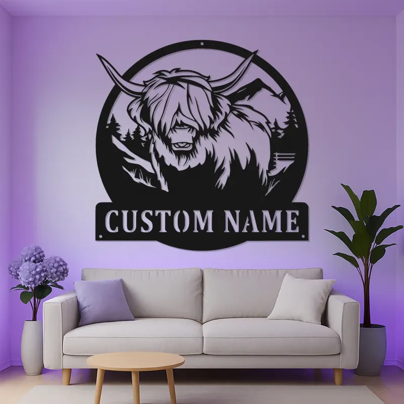 Highland Cow LED Metall-Wandkunst | Individuelles Ranch-Schild für den Eingangsbereich | Personalisierte Bauernhof-Dekoration | Rustikales Geschenk für Landwirte