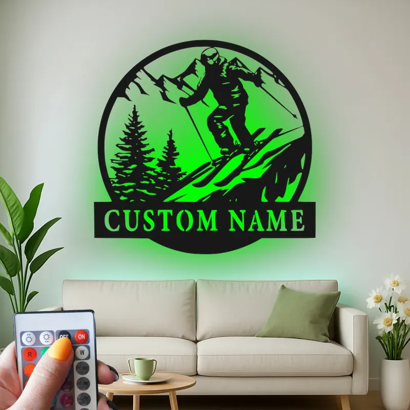 Custom Skiing Led Light Metal Wall Art Personalized Gift for Skiers Mountain Lodge Decor