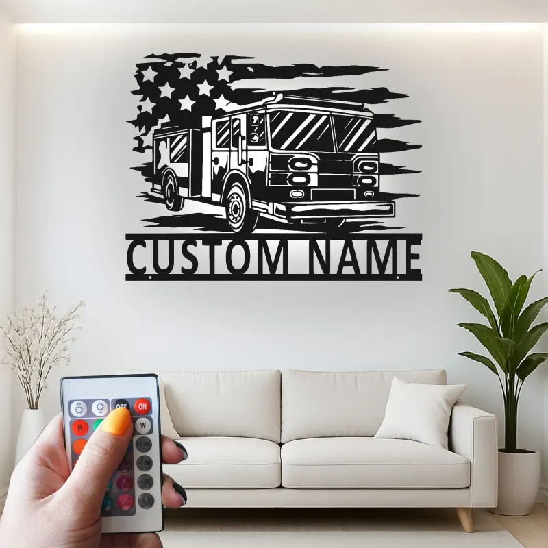 Cartel LED de bombero personalizado | Arte mural de metal de camión de bomberos personalizado | Regalo para primer respondedor | Decoración de pared de estación de bomberos
