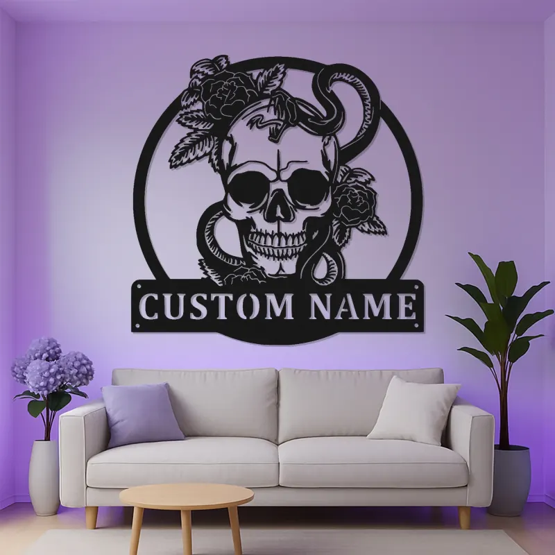 Insegna LED in metallo con teschio gotico | Arte da parete personalizzata con serpente e rose | Arredo su misura per studio tattoo e man cave