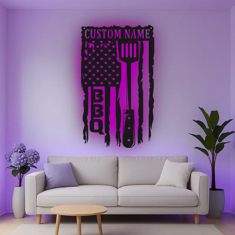 Cartel de metal personalizado con espátula BBQ y luz LED, regalo para el maestro de la parrilla, decoración para el patio exterior