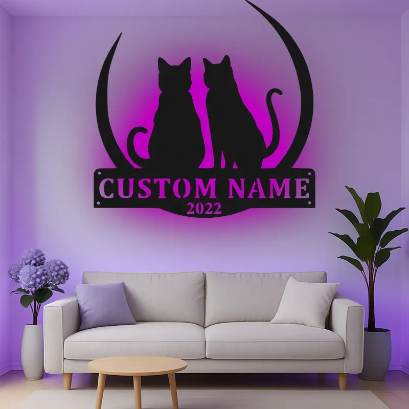 Cartel de metal personalizado con silueta de gato y luz LED, regalo personalizado para amantes de mascotas, decoración para dormitorio o salón