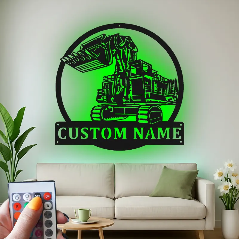 Panneau métallique personnalisé d’excavatrice | Décoration murale LED rétroéclairée | Cadeau pour ouvrier du bâtiment | Déco d’engin de chantier pour chambre de garçon