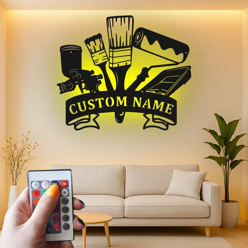 Personalized Painter Tools Sign | LED Metal Wall Art for Paint Shop | Custom Name Decor for Painting Contractor Gift