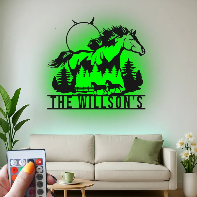Cartel personalizado para rancho con caballo | Decoración mural LED de metal para estilo ecuestre | Luz de bienvenida farmhouse personalizada