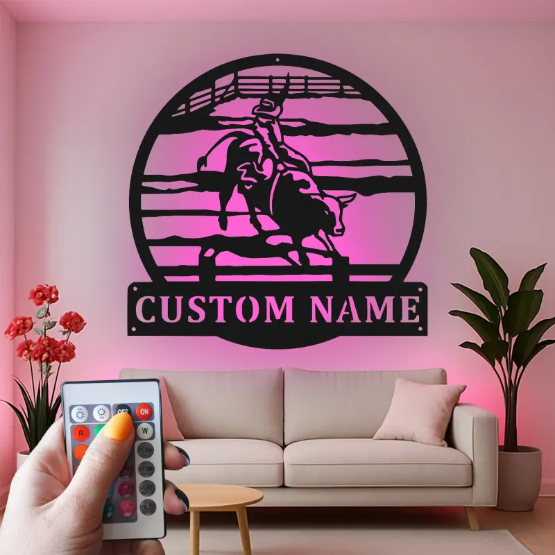 Arte de metal de jinete de toro de rodeo | Cartel LED de vaquero personalizado | Decoración y regalo de rancho western personalizado