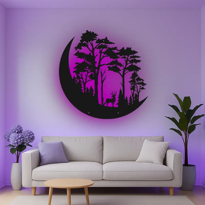 Décoration murale en métal LED avec scène de forêt de cerfs - Cadeau pour amoureux de la nature, décoration rustique pour salon ou chalet