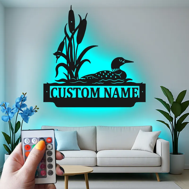 Insegna in metallo personalizzata con loon e canne di palude luce LED regalo per la natura decorazione per casa al lago