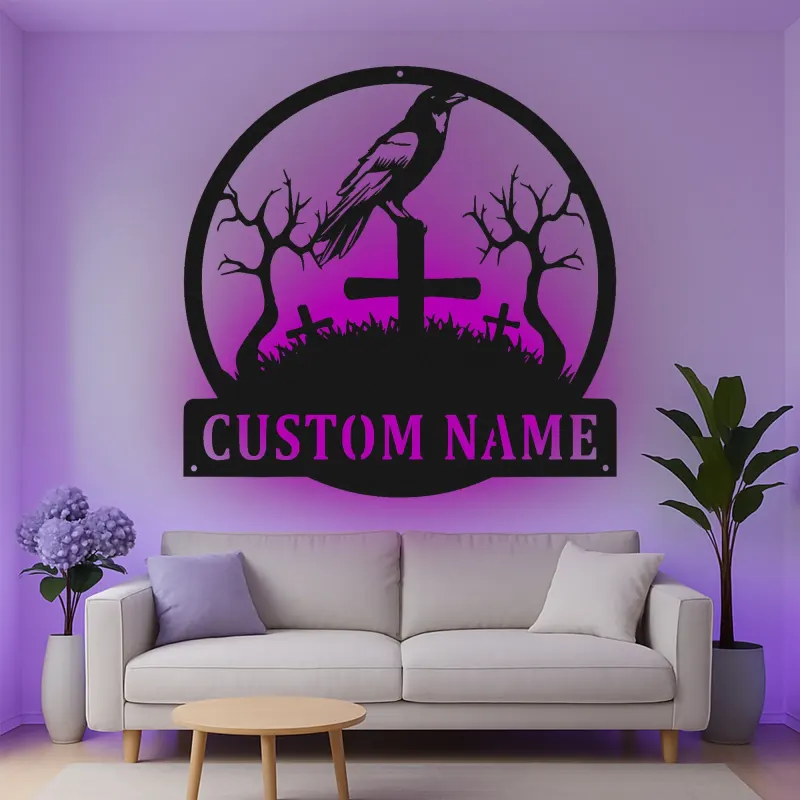 Insegna in metallo personalizzata con corvo su cimitero luce LED regalo di Halloween decorazione gotica per la casa
