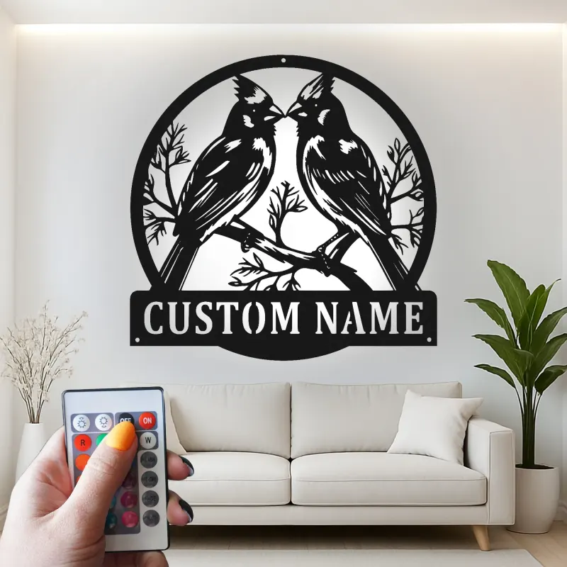 Personalisierte Kardinal-Paar LED-Metall-Wandkunst – Geschenk für Vogelliebhaber, für Schlafzimmer oder Wohnzimmer