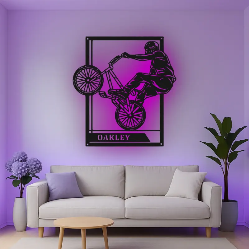 Custom BMX Rider Led Light Metal Wall Art Personalized Gift for Cyclists Garage or Bedroom Decor