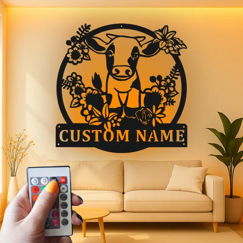 Insegna in metallo LED personalizzata con mucca e fiori - Regalo per fattoria - Decorazione rustica per cucina