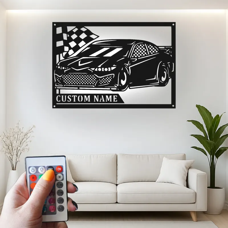 Personalized Race Car LED Sign | Custom Metal Wall Art for Garage | Gift for Car Enthusiast | Racing Decor
