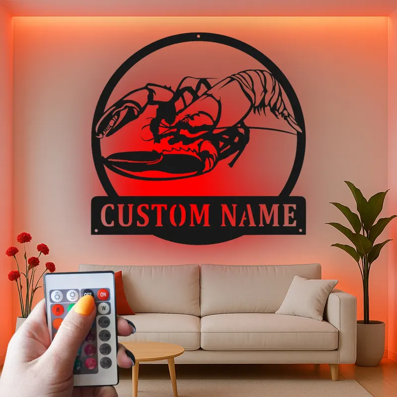Insegna in metallo LED personalizzata con aragosta | Decorazione per cucina costiera personalizzata | Arte murale per casa al mare e regalo per pescatori