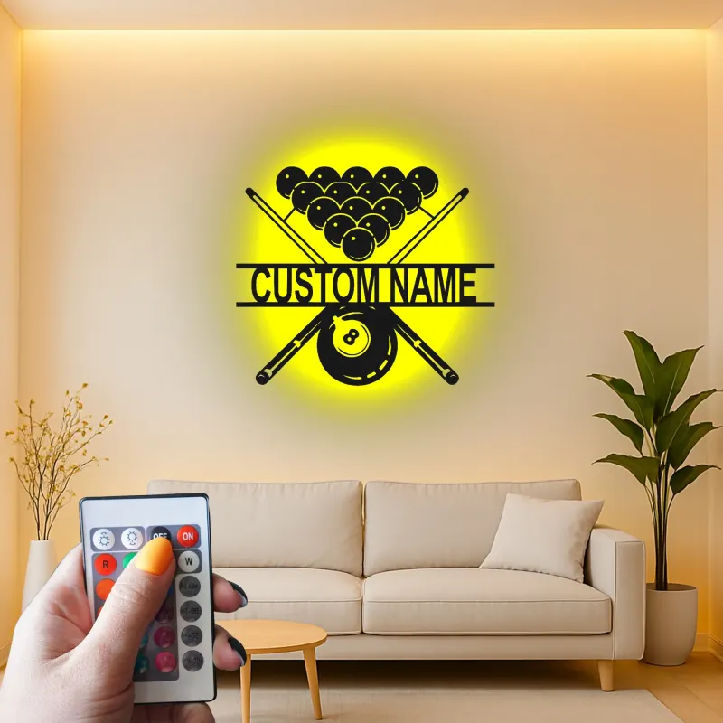 Décoration murale en métal personnalisée avec rétroéclairage pour billard - Cadeau pour joueurs de billard