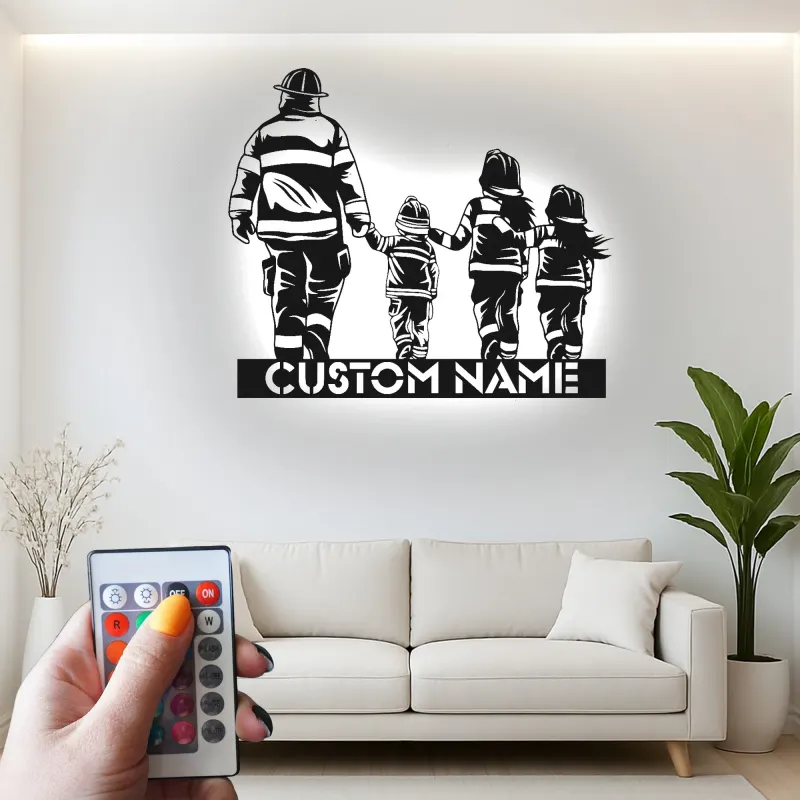 Insegna personalizzata per famiglia di vigili del fuoco | Arte murale LED in metallo | Regalo su misura per papà pompiere | Arredo per caserma