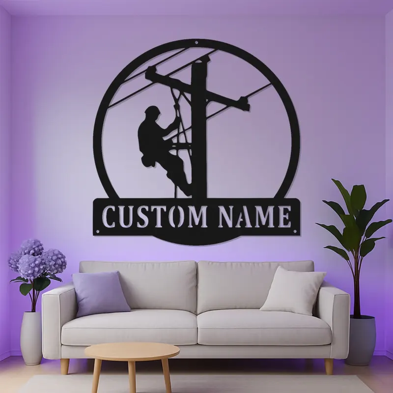Regalo Personalizzato per Lineman | Insegna in Metallo Retroilluminata con LED | Insegna per Elettricista | Decorazione per Lavoratori di Pali