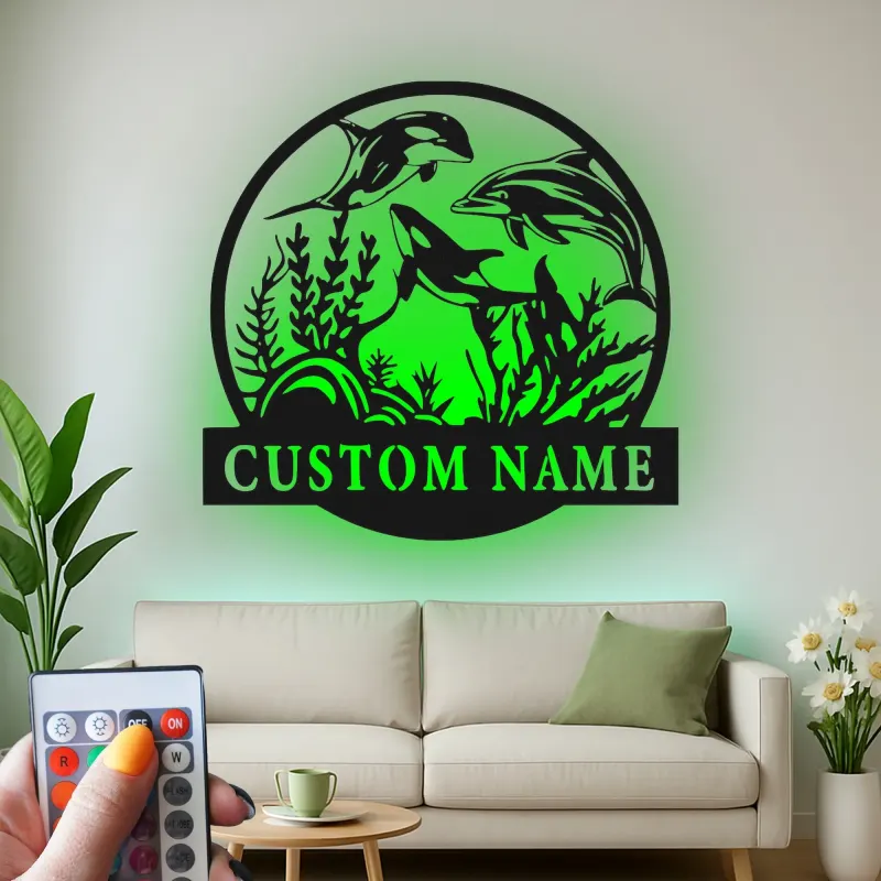 Insegna in metallo personalizzata con vita marina e luce LED regalo marino decorazione per casa costiera