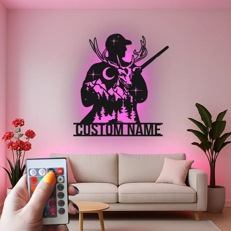 Cartel de metal personalizado de cazador y ciervo con luz LED regalo personalizado para entusiastas del aire libre decoración de man cave