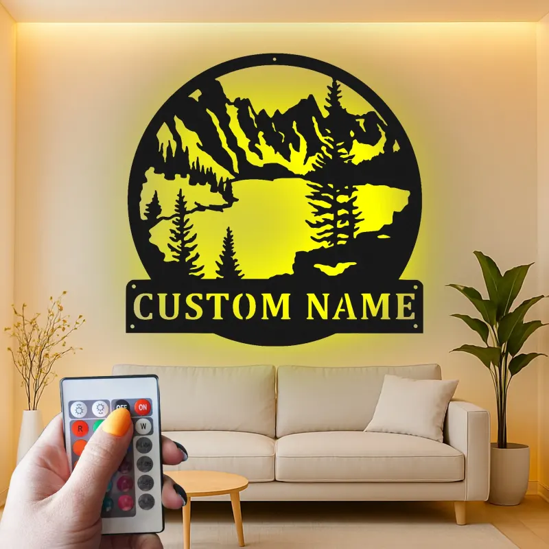Custom Mountain Metal Art with LED | Personalized Lake House Sign | Rustic Cabin Decor with Backlight