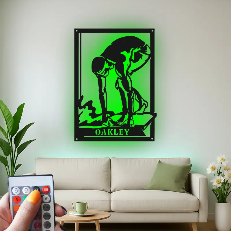 Insegna in metallo LED personalizzata per nuotatore | Arte murale personalizzata per atleta | Regalo per allenatore di nuoto | Decorazione acquatica moderna