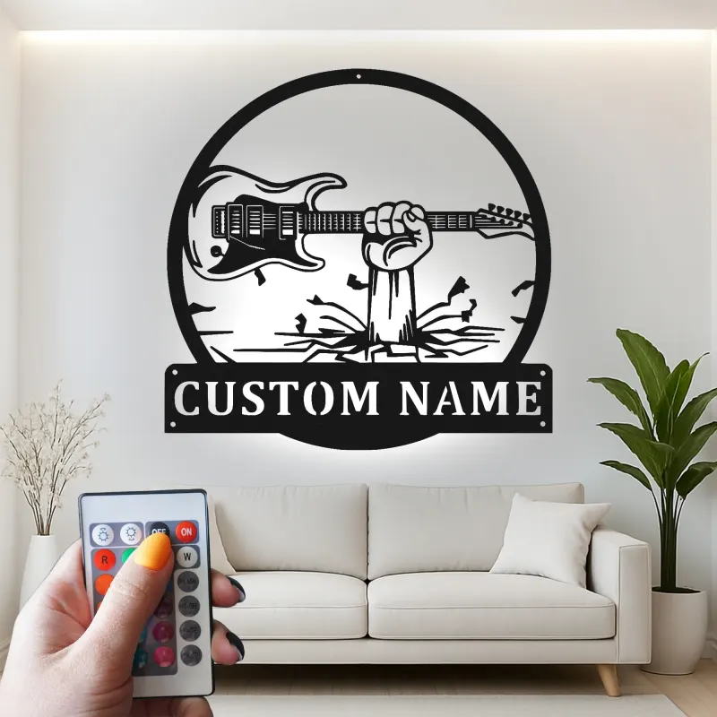 Individuelle Gitarren-LED-Metall-Wandkunst | Personalisierte Musiker-Namensschild | Dekoration für Musikzimmer, Studio & Männerhöhlen