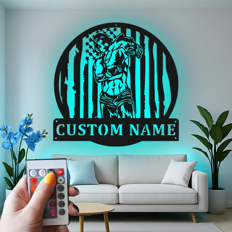 Cartel de metal personalizado con luz LED de culturista y bandera americana, regalo de fitness para entusiastas del gimnasio, decoración de gimnasio en casa