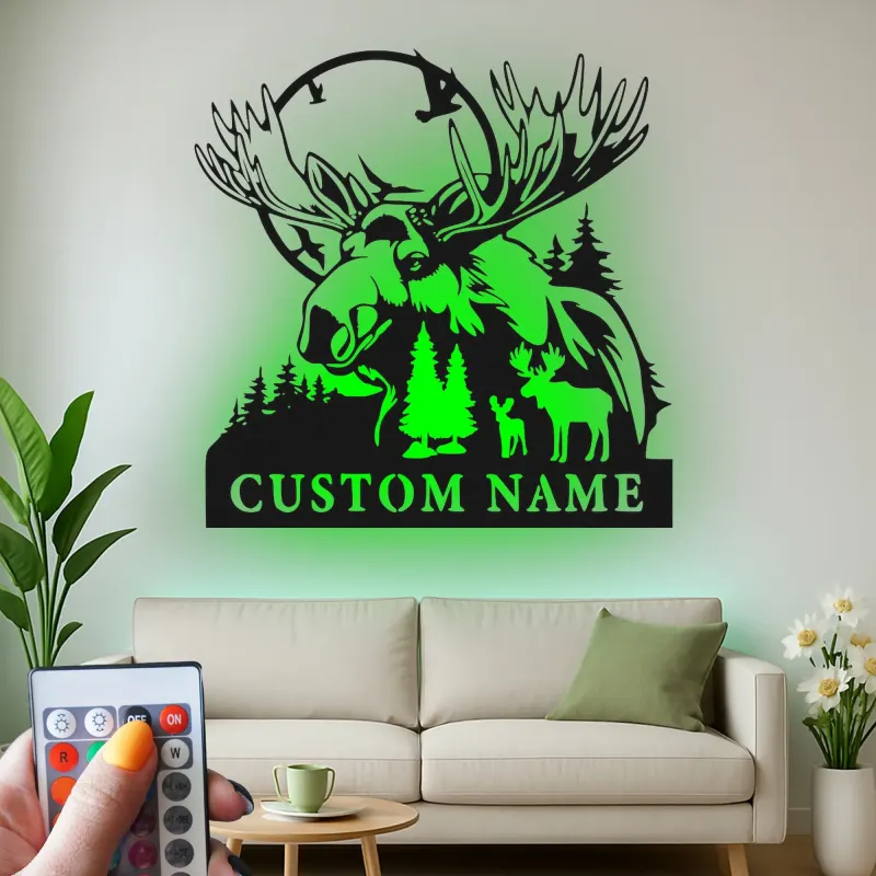 Personalisierte Metall-Wandkunst mit Elch und Wald LED-Beleuchtung – Einzigartiges Geschenk für Naturliebhaber und Hütten-Dekoration