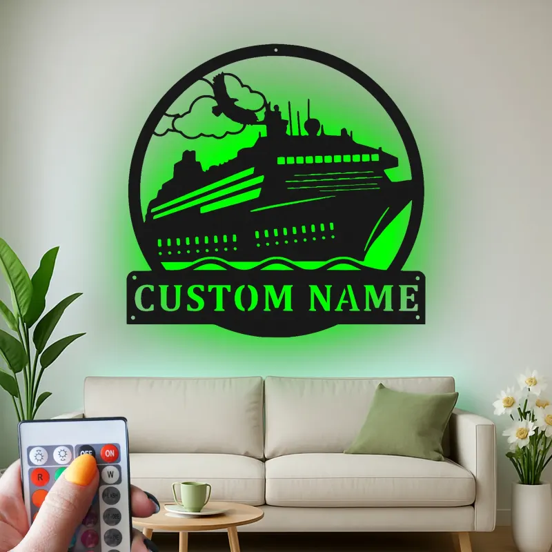 Décoration murale en métal personnalisée avec éclairage LED de bateau de croisière - Cadeau pour les amoureux de croisières - Décor nautique pour le salon