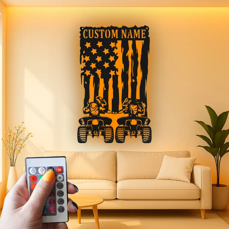 Custom ATV Riders American Flag Led Light Metal Wall Art Adventure Gift for Him Garage or Man Cave Decor