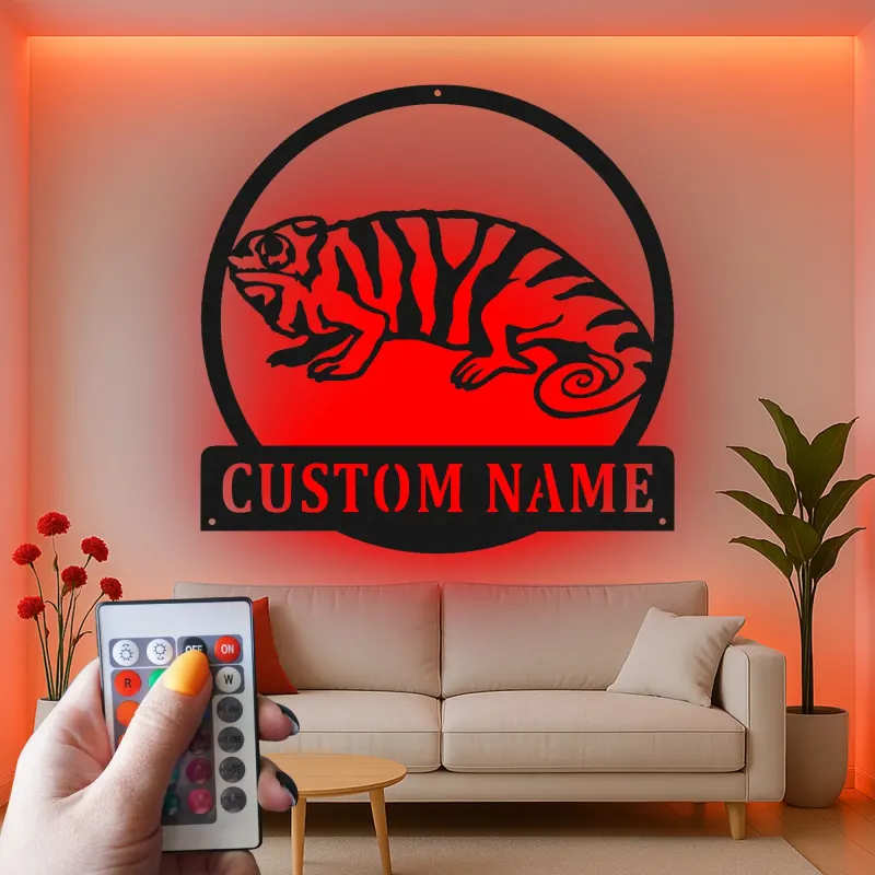 Décoration murale en métal personnalisée avec éclairage LED Chameleon pour les amoureux des reptiles - Cadeau unique pour la chambre
