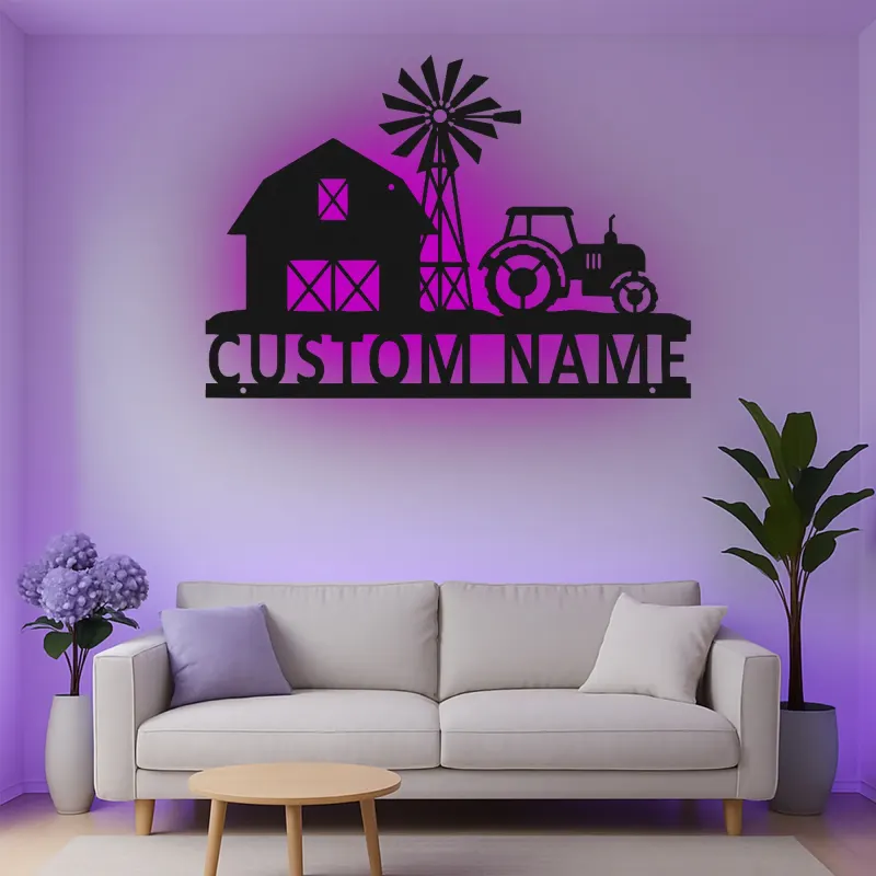Insegna in metallo personalizzata con scena di fattoria e luce LED regalo per agricoltori decorazione rustica con trattore per la casa