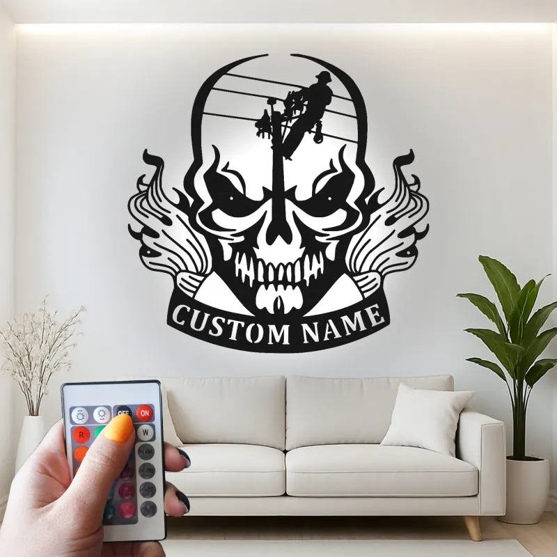 Insegna in Metallo con Teschio per Lineman | Arte da Parete LED Personalizzata per Elettricista | Decorazione per Man Cave e Insegna per Laboratorio | Regalo per Lui