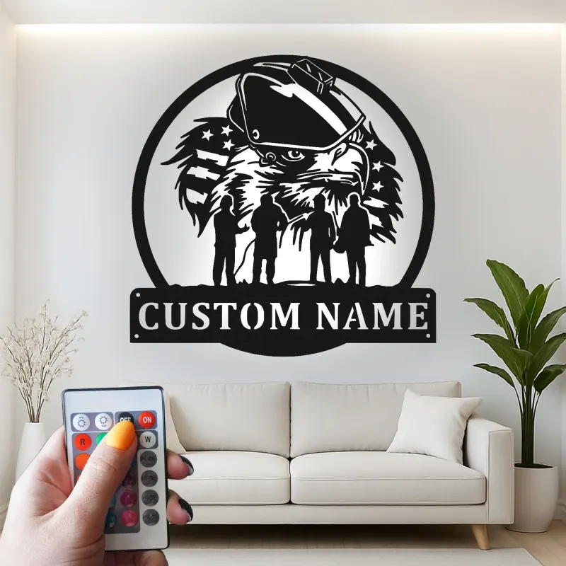 Regalo personalizzato per vigile del fuoco | Arte murale LED in metallo con nome personalizzato | Insegna con aquila patriottica per caserma e casa