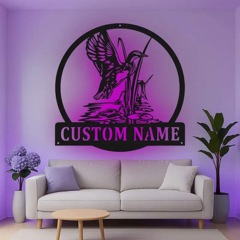 Personalisierte LED-Metall-Wandkunst mit Entenjagd-Motiv – Geschenk für Jäger, rustikale Hüttendeko