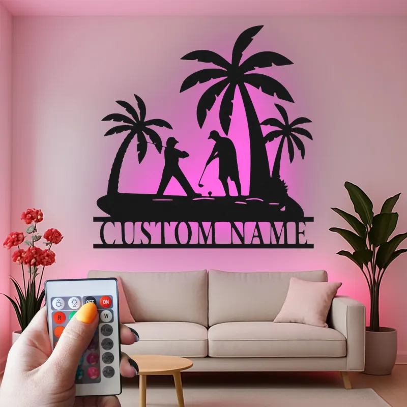 Custom Golf LED Sign | Personalized Metal Wall Art for Man Cave | Tropical Golfer Gift for Dad | Home Bar Decor