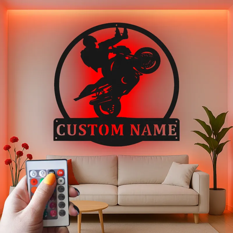 Insegna Wheelie Moto Personalizzata | Arte Murale in Metallo LED per Garage | Targa Nome Personalizzata per Biker | Regalo Stunt Rider