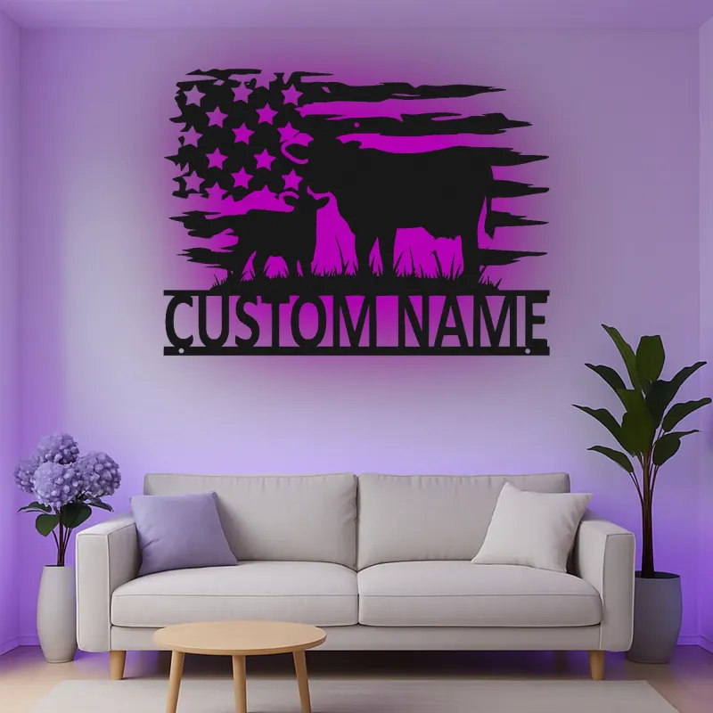 Personalisierte Kuh-und-Kalb LED-beleuchtete Metall-Wandkunst mit amerikanischer Flagge – Landhausgeschenk für Landwirte, rustikale Wohndeko 1