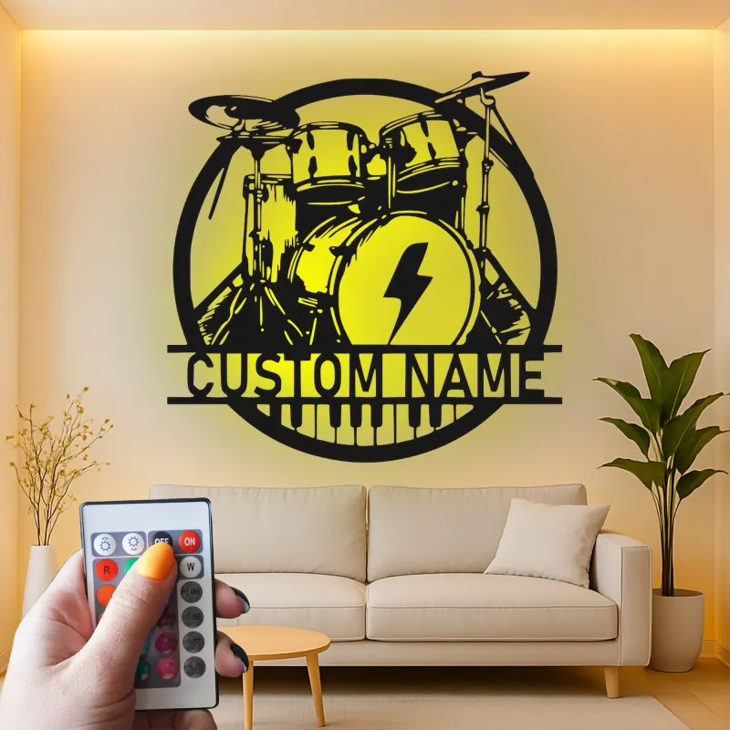 Personalisierte LED-Metall-Wandkunst mit Drumset – Musiker-Geschenk für Musikstudio oder Bandraum